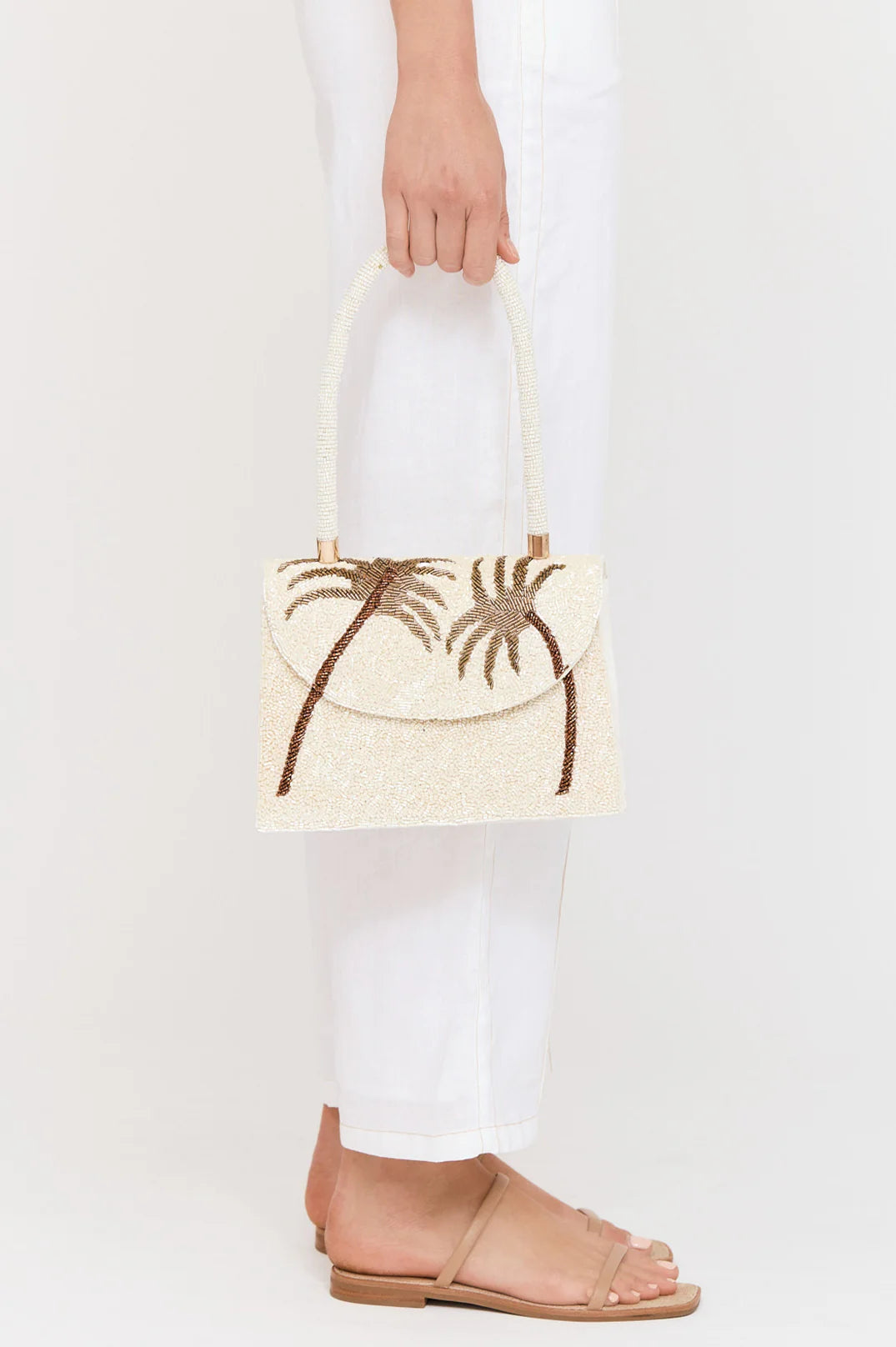 Adorne Patricia Palm Beaded Mini Bag - Cream/Gold