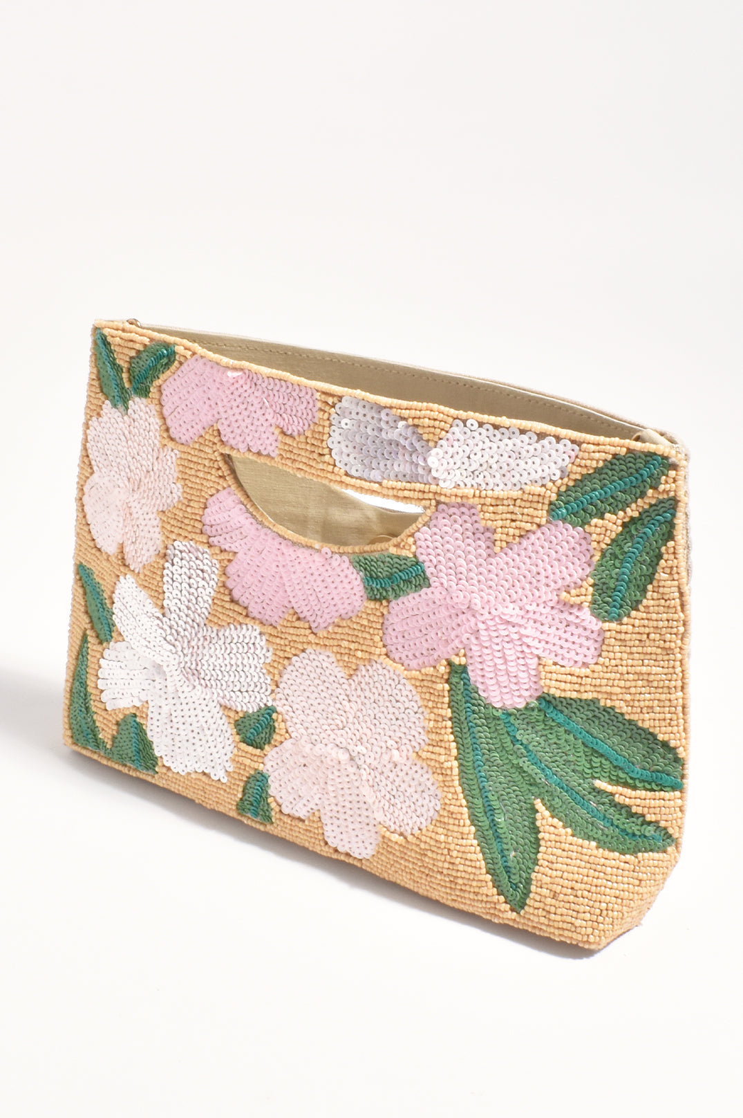 Adorne Dahlia Floral Beaded Clutch - Camel/Pink