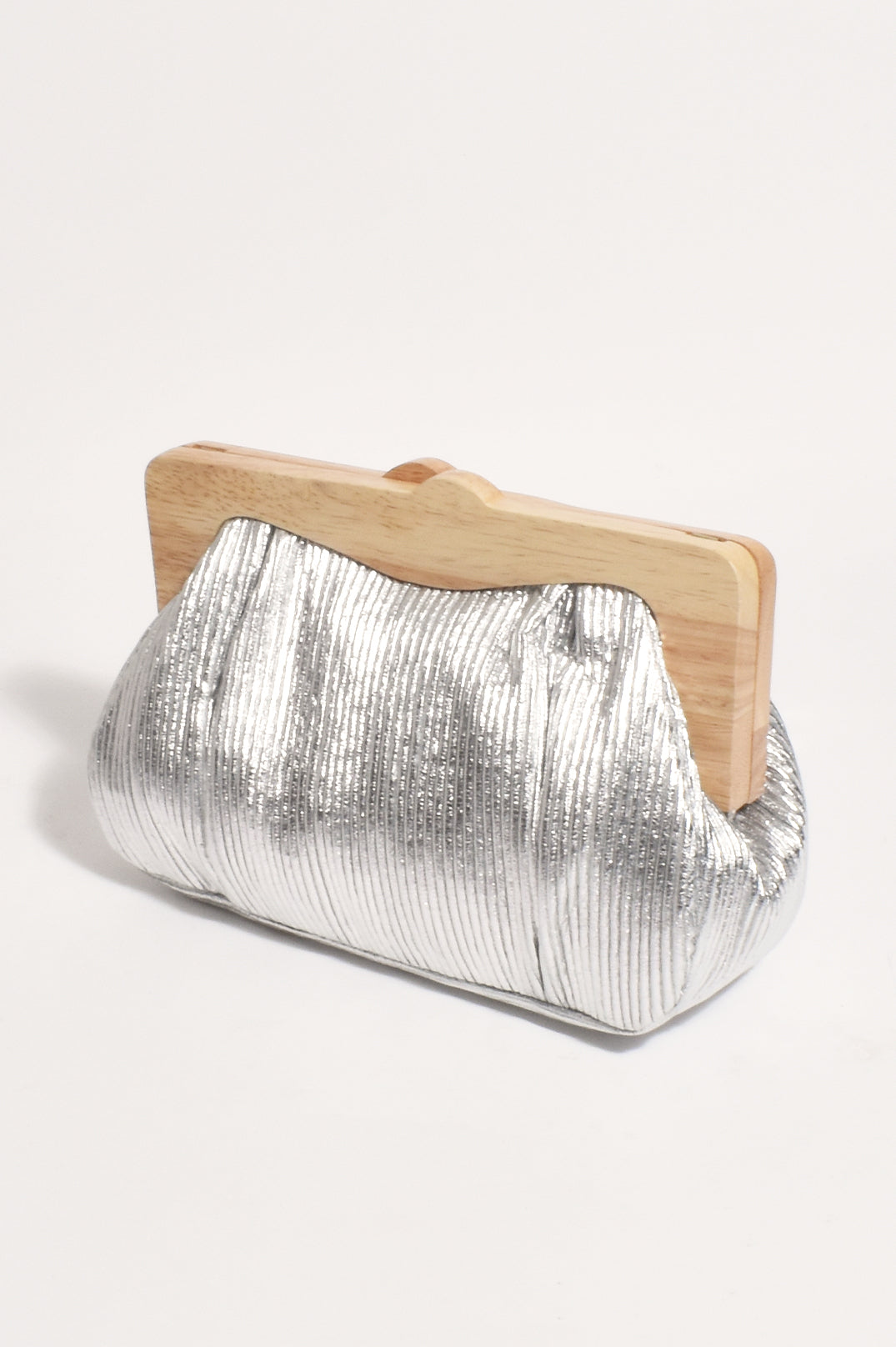 Adorne Mira Metallic Pleated Timber Frame Clutch - Silver