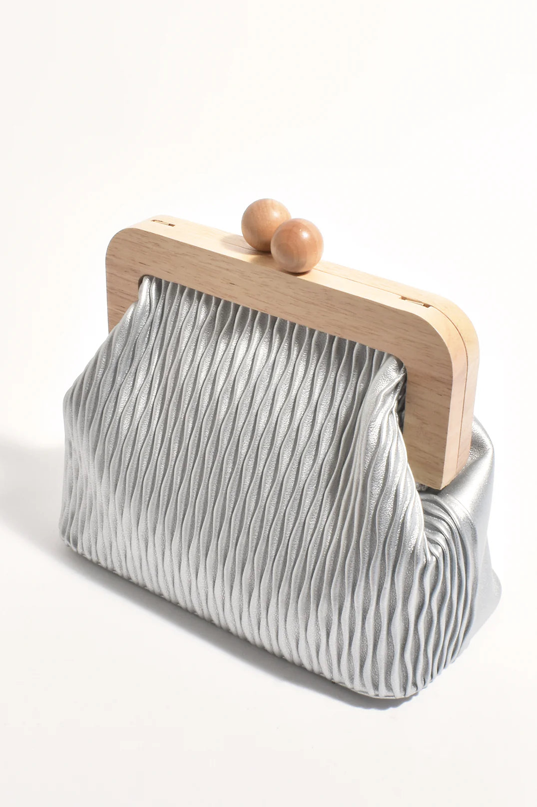 Adorne Piper Wavy Timber Frame Clutch - Silver/Natural