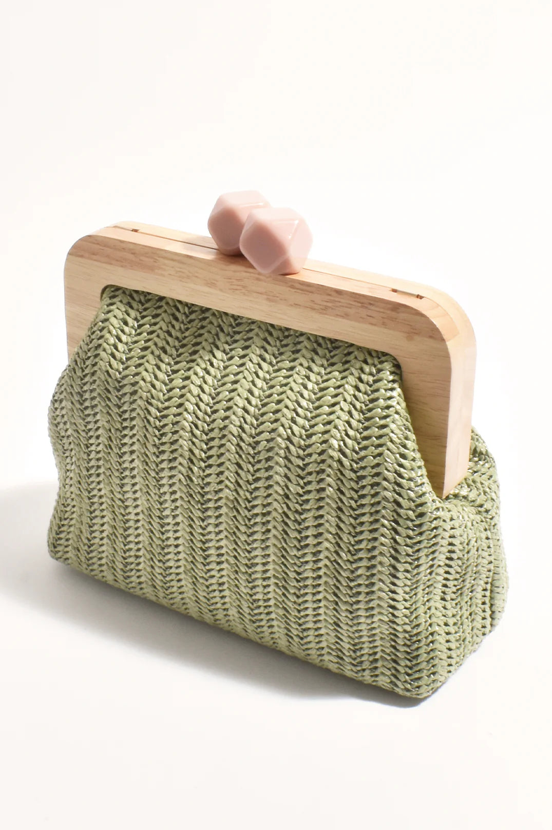 Adorne Peachy Woven Timber Frame Clutch - Khaki/Peach