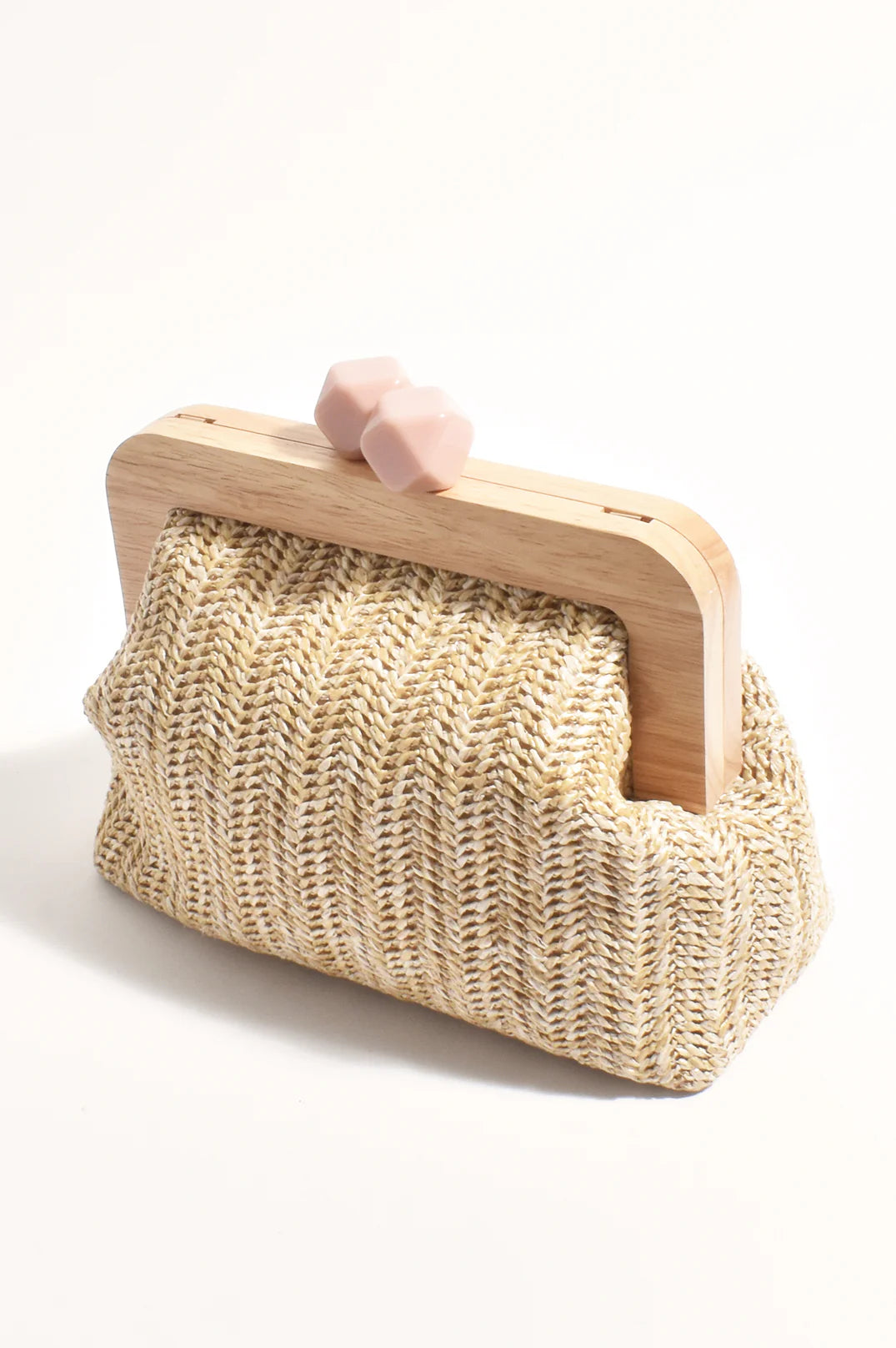 Adorne Peachy Woven Timber Frame Clutch - Natural/Peach