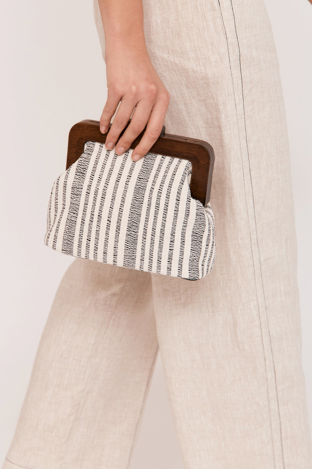 Adorne Lucinda Timber Frame Stripe Weave Clutch - Black/Natural