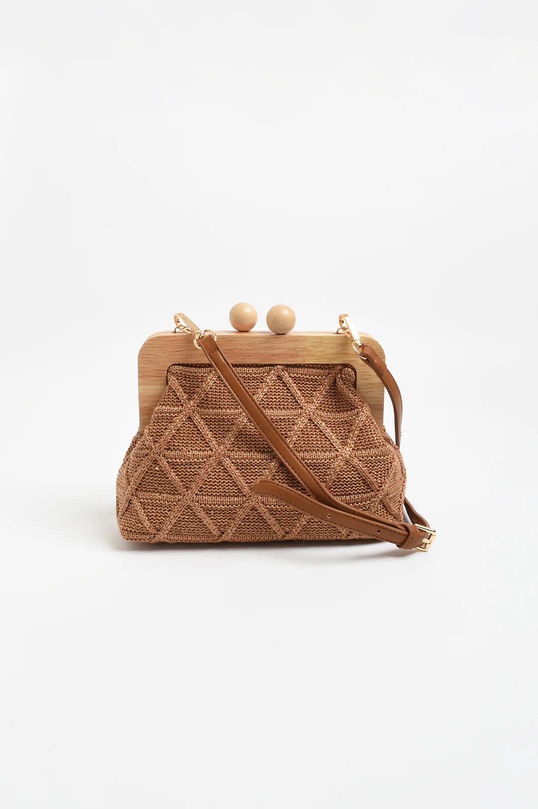 Adorne Tara Diamond Weave Timber Clutch - Camel