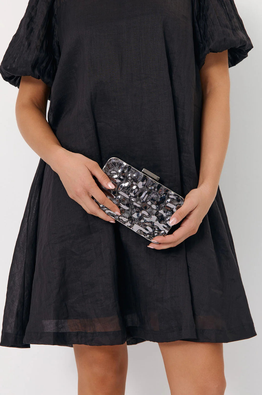 Adorne Heidi Textured Metal Structured Clutch - Gunmetal