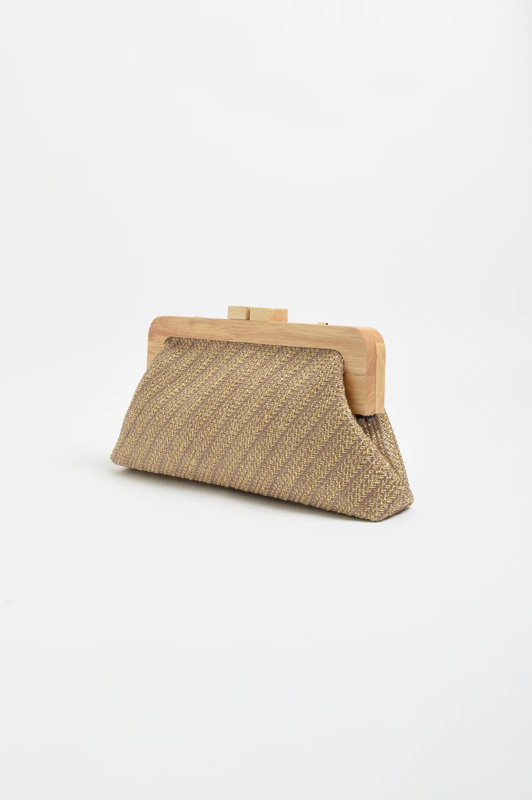 Adorne Carmela Diagonal Weave Timber Frame Clutch - Choc/Gold
