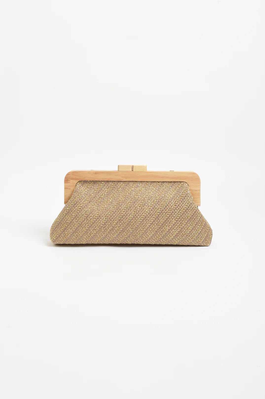 Adorne Carmela Diagonal Weave Timber Frame Clutch - Choc/Gold
