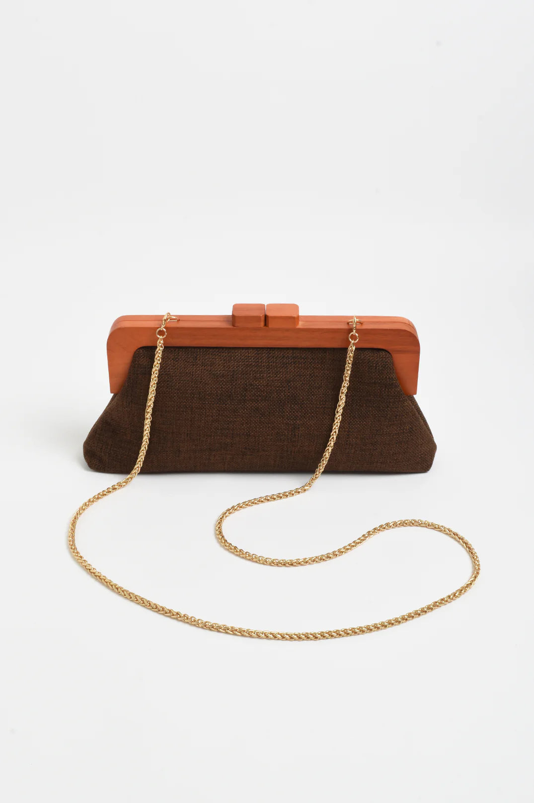 Adorne Jessie Textured Weave Timber Frame Clutch - Chocolate