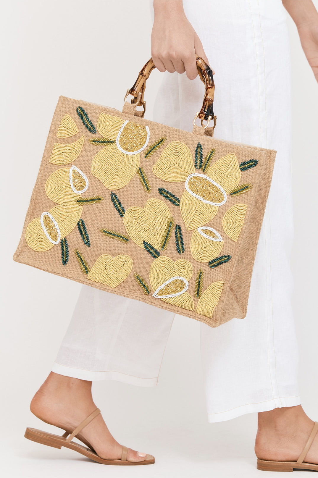 Adorne Audrina Beaded Seashells Bamboo Toto Bag - Natural/Lemon