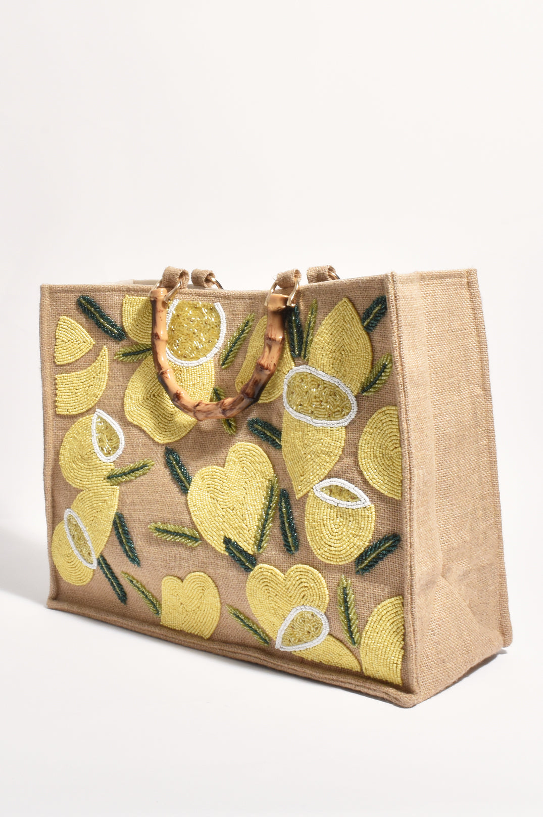 Adorne Audrina Beaded Seashells Bamboo Toto Bag - Natural/Lemon