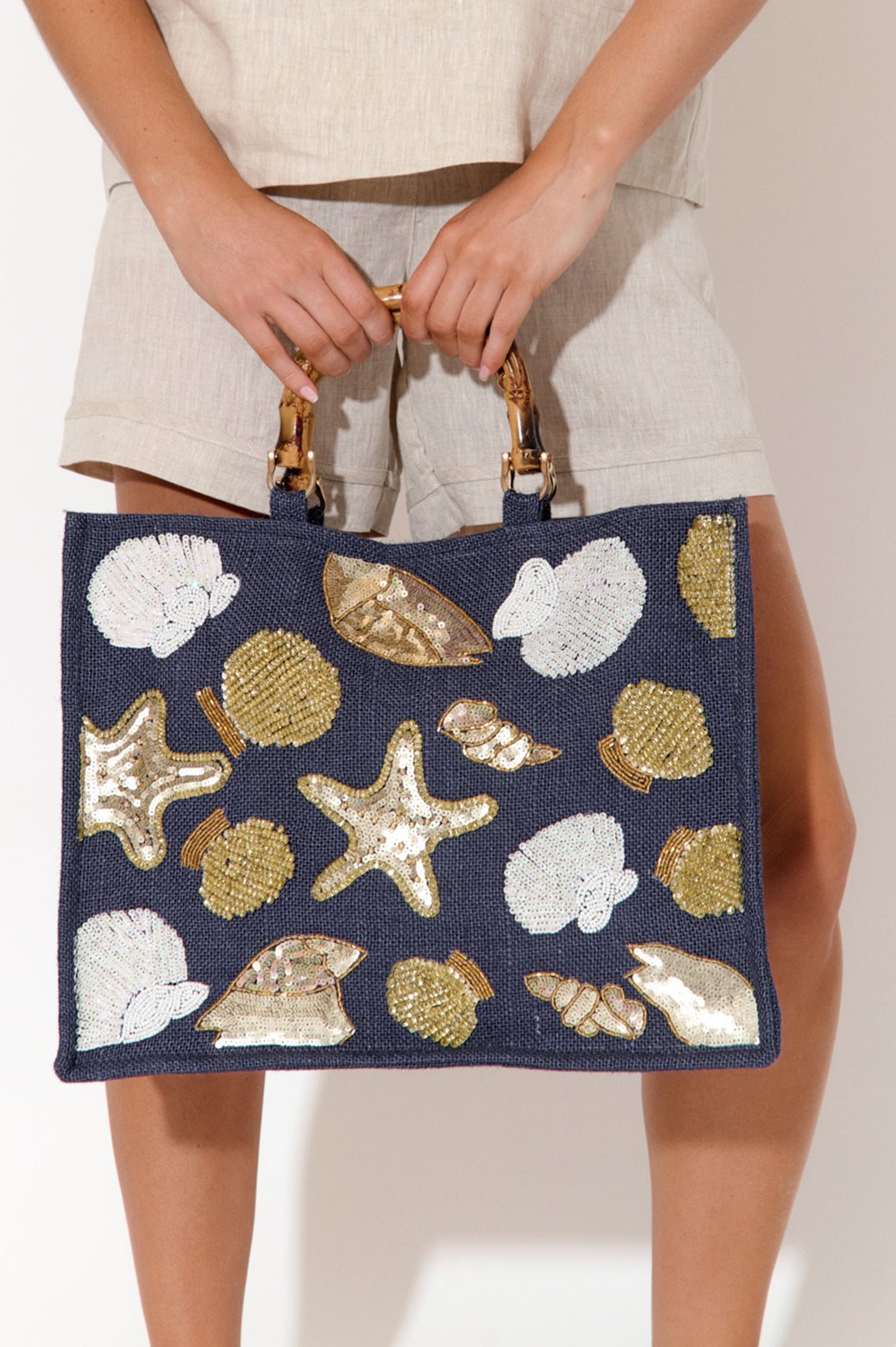 Adorne Audrina Beaded Seashells Bamboo Toto Bag - Navy/Gold