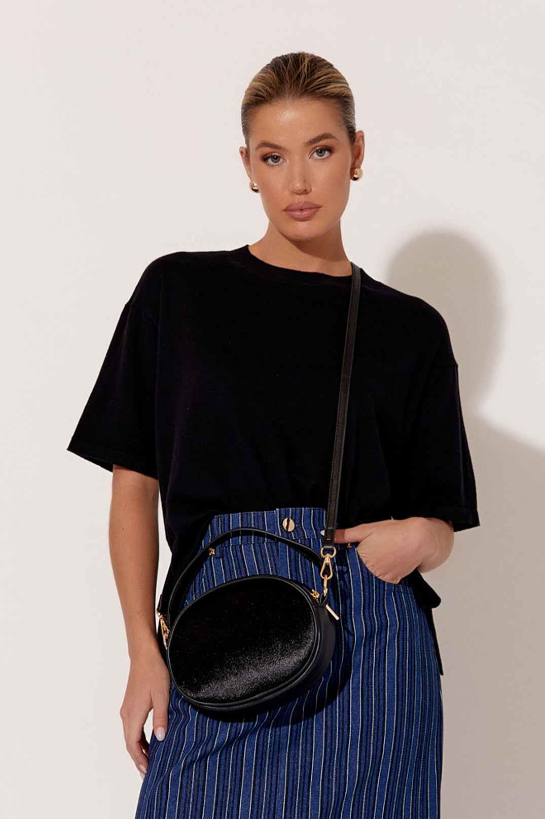 Adorne Pheobe Velvet Mini Oval Bag - Black