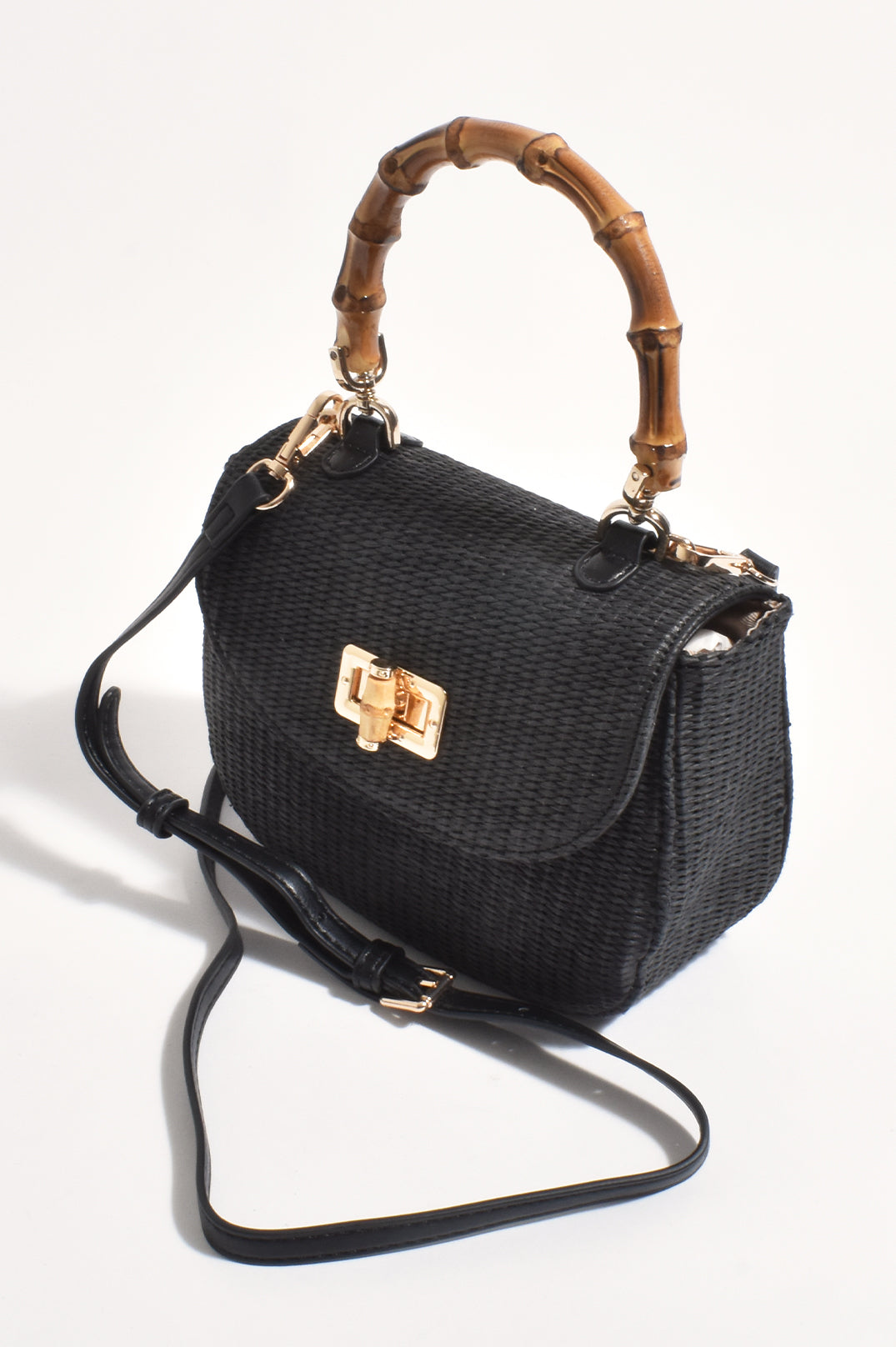 Adorne Marissa Woven Bamboo Curved Mini Bag - Black