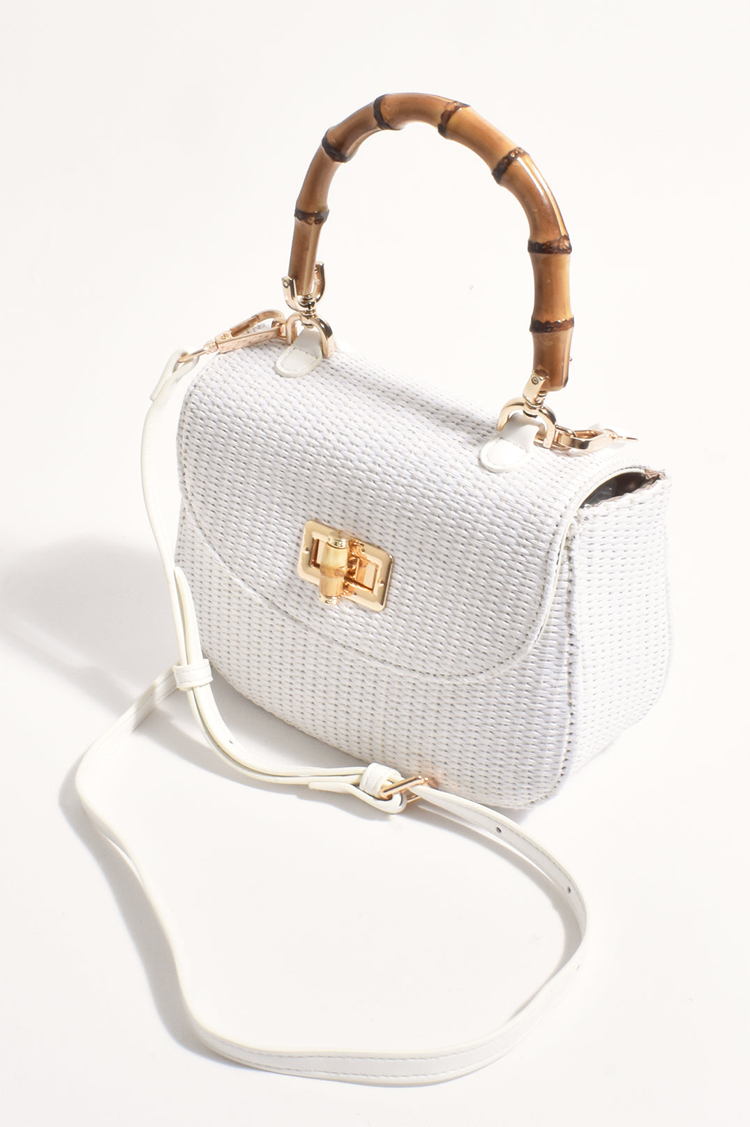 Adorne Marissa Woven Bamboo Curved Mini Bag - White