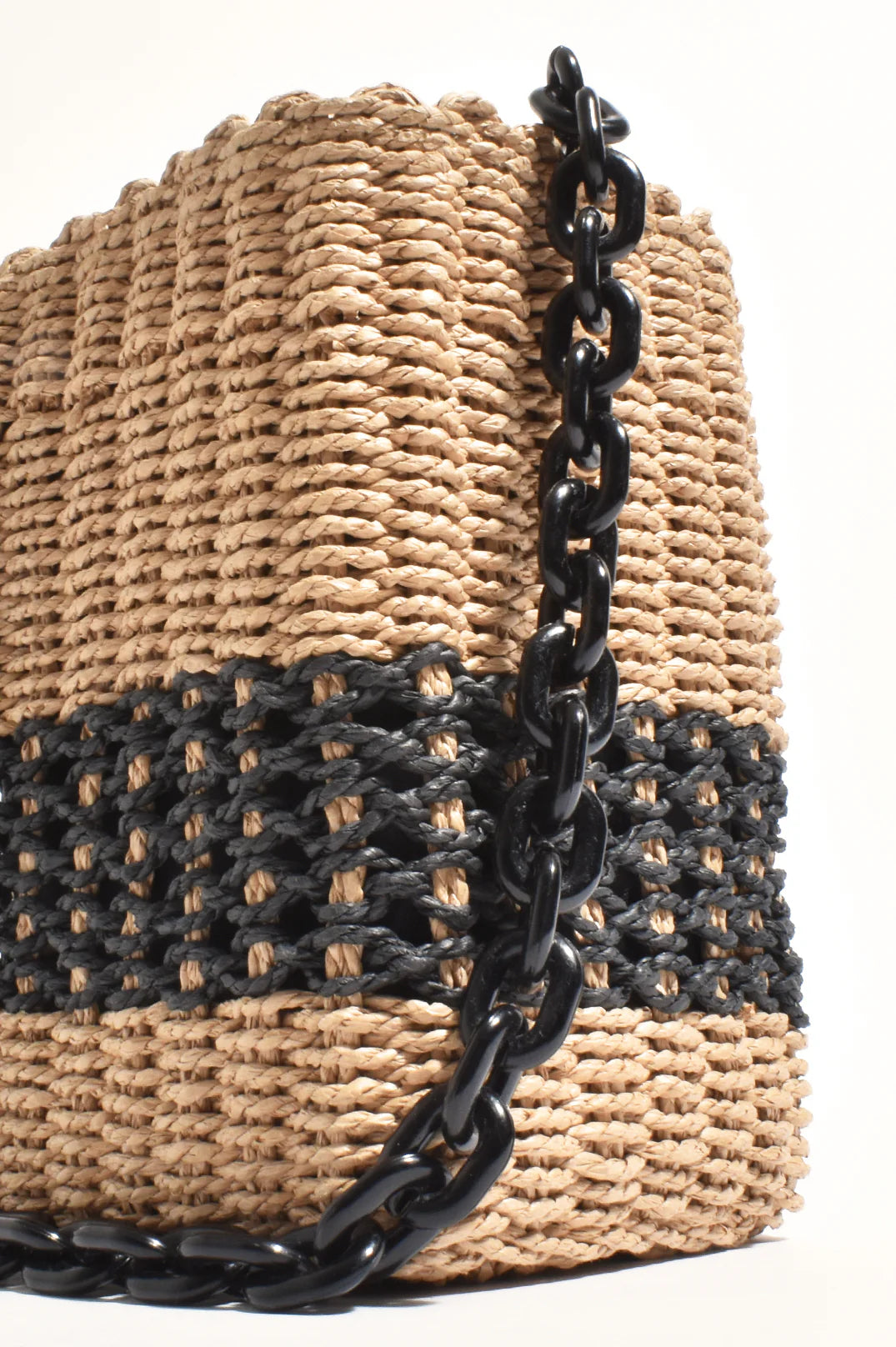 Adorne Melia Woven Bucket Resin Chain Bag - Natural/Black