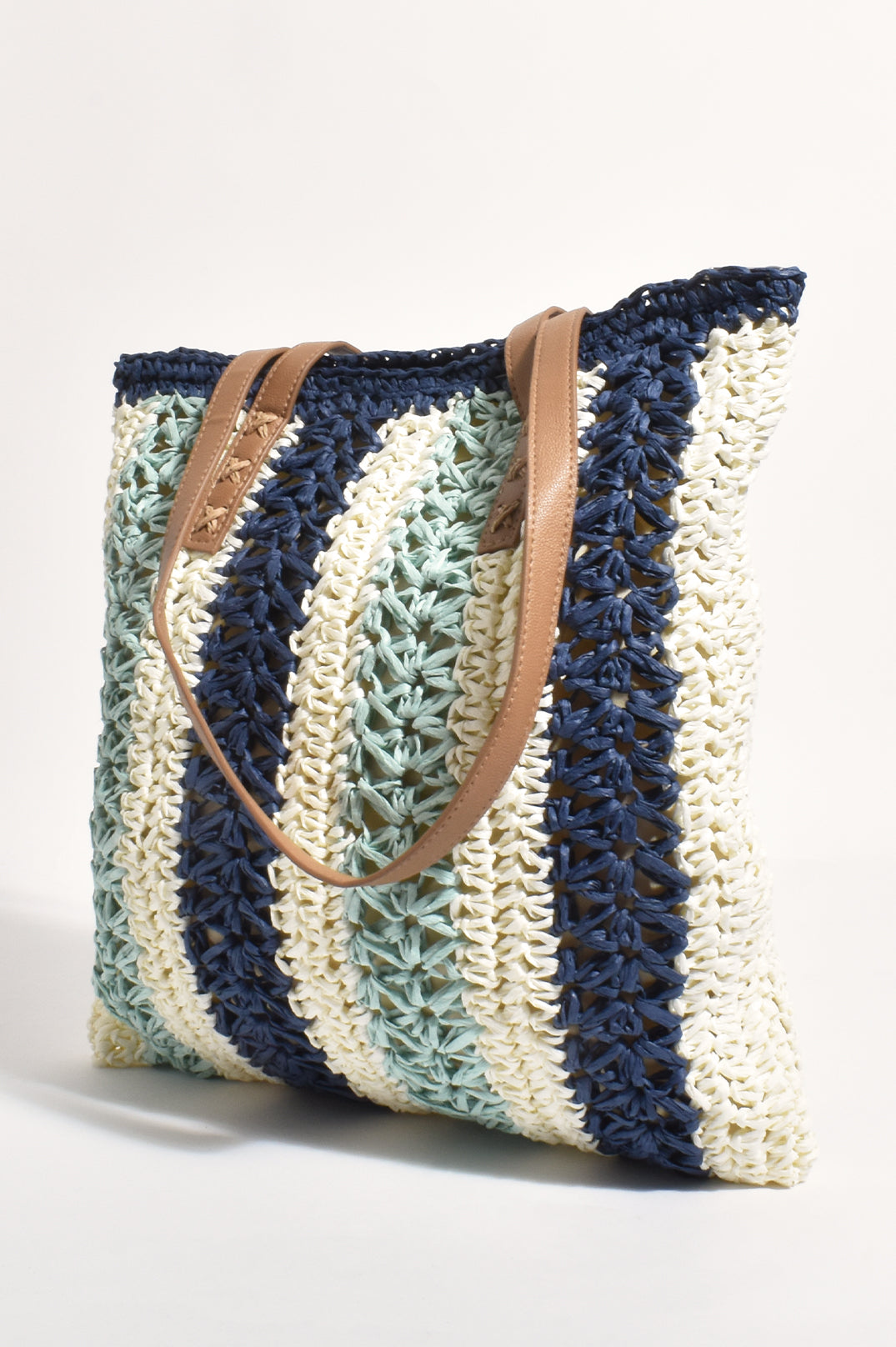 Adorne Zoe Striped Weave Tote Bag - Blue/Natural