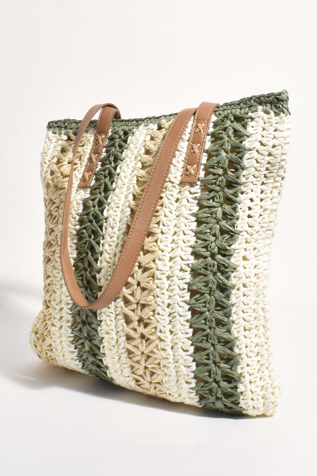 Adorne Zoe Striped Weave Tote Bag - Khaki/Natural