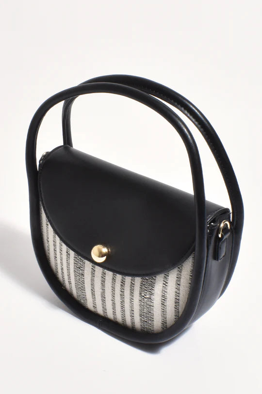 Adorne Violetta Stripe Weave Circular Mini Bag - Black/Natural