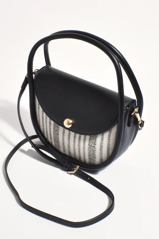 Adorne Violetta Stripe Weave Circular Mini Bag - Black/Natural