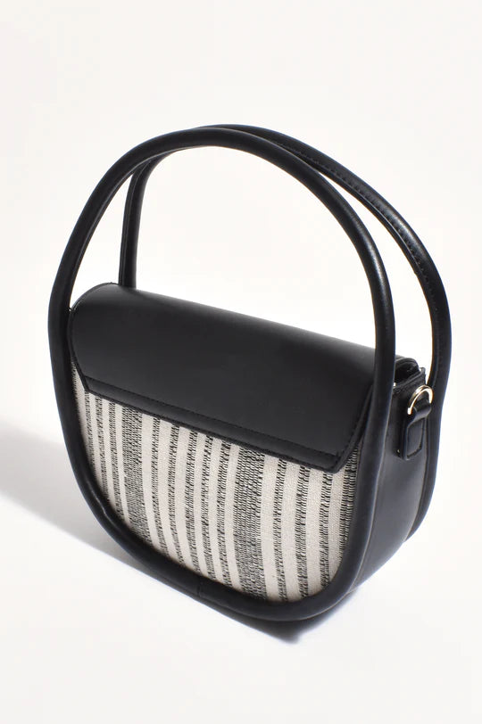 Adorne Violetta Stripe Weave Circular Mini Bag - Black/Natural