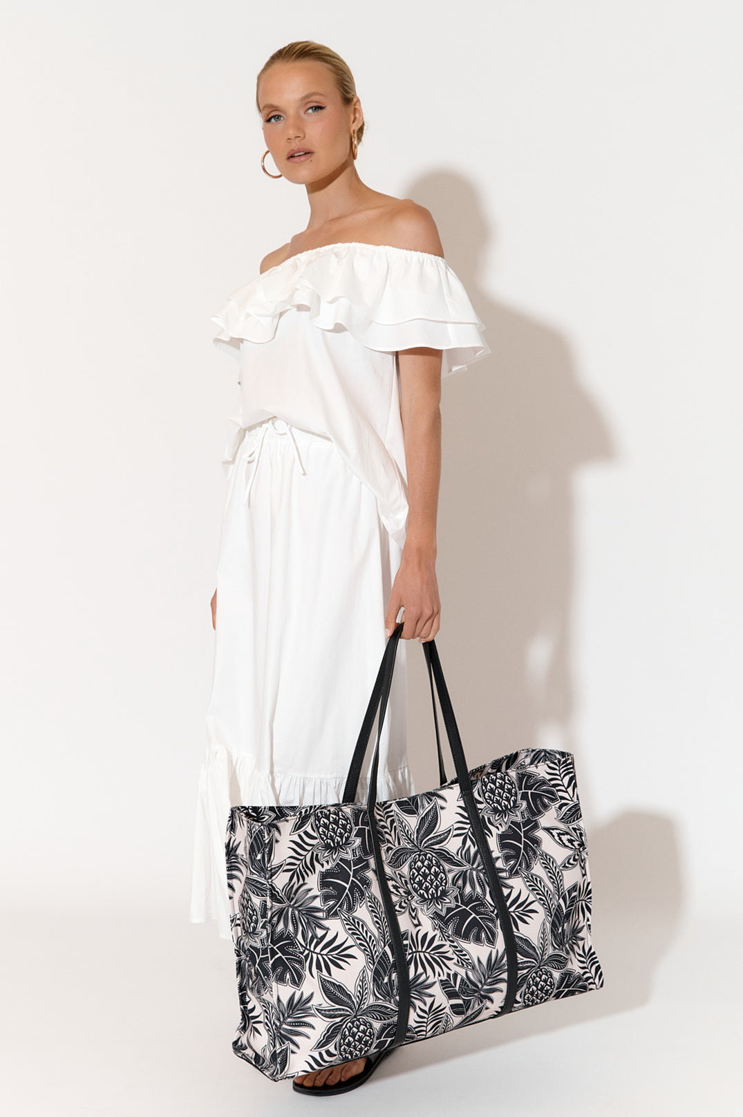 Adorne Tropics Canvas Printed Tote - Black/Cream