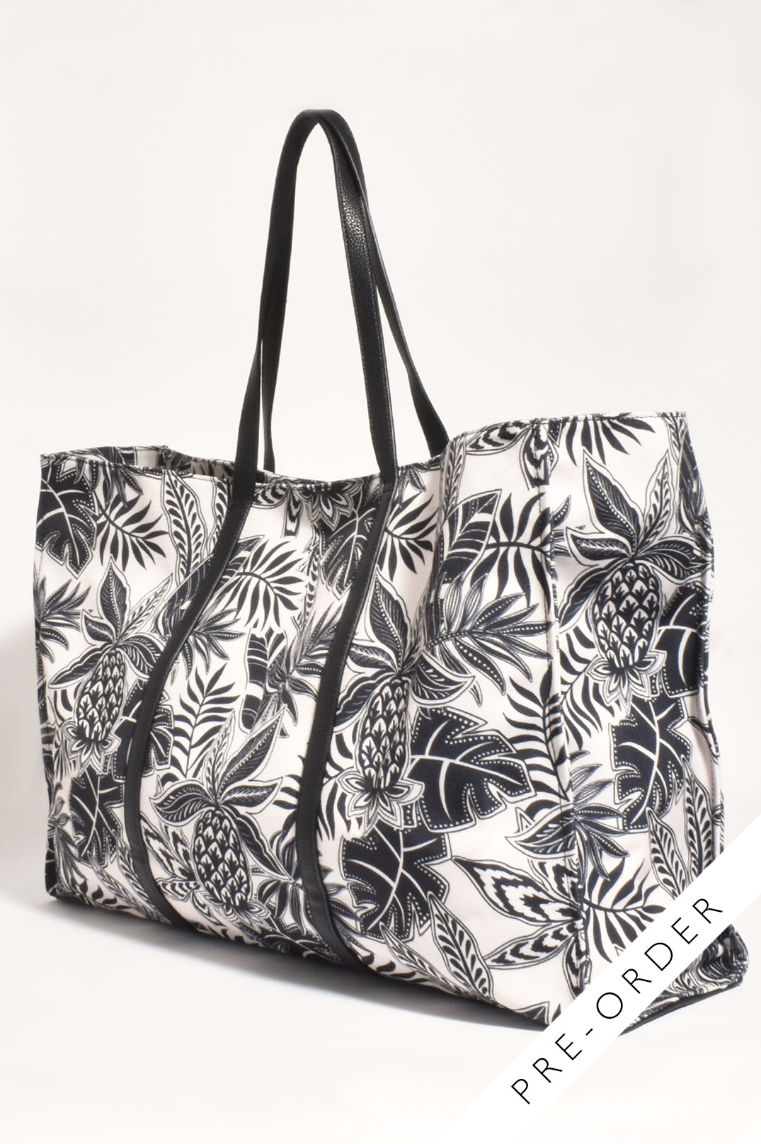 Adorne Tropics Canvas Printed Tote - Black/Cream