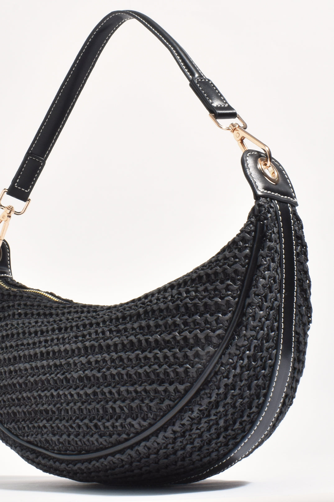 Adorne Sienna Crescent Paper Weave Handbag - Black