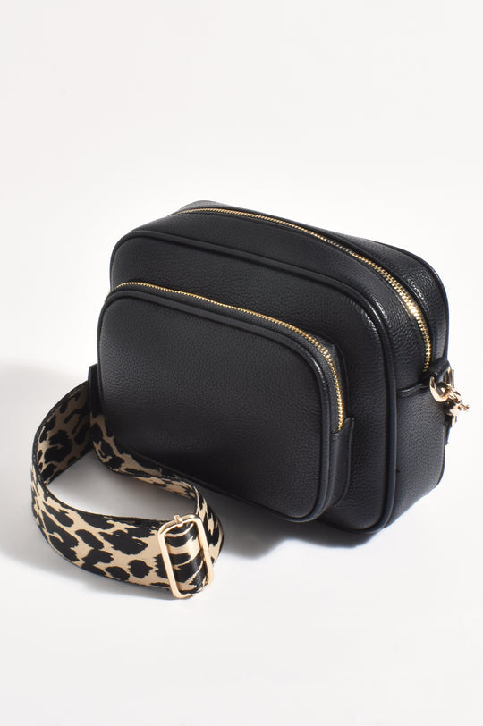 Adorne Pepper Leopard Webbing Pocket Crossbody Bag - Black