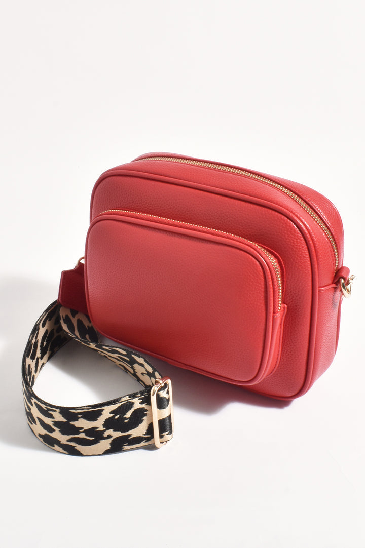 Adorne Pepper Leopard Webbing Pocket Crossbody Bag - Red