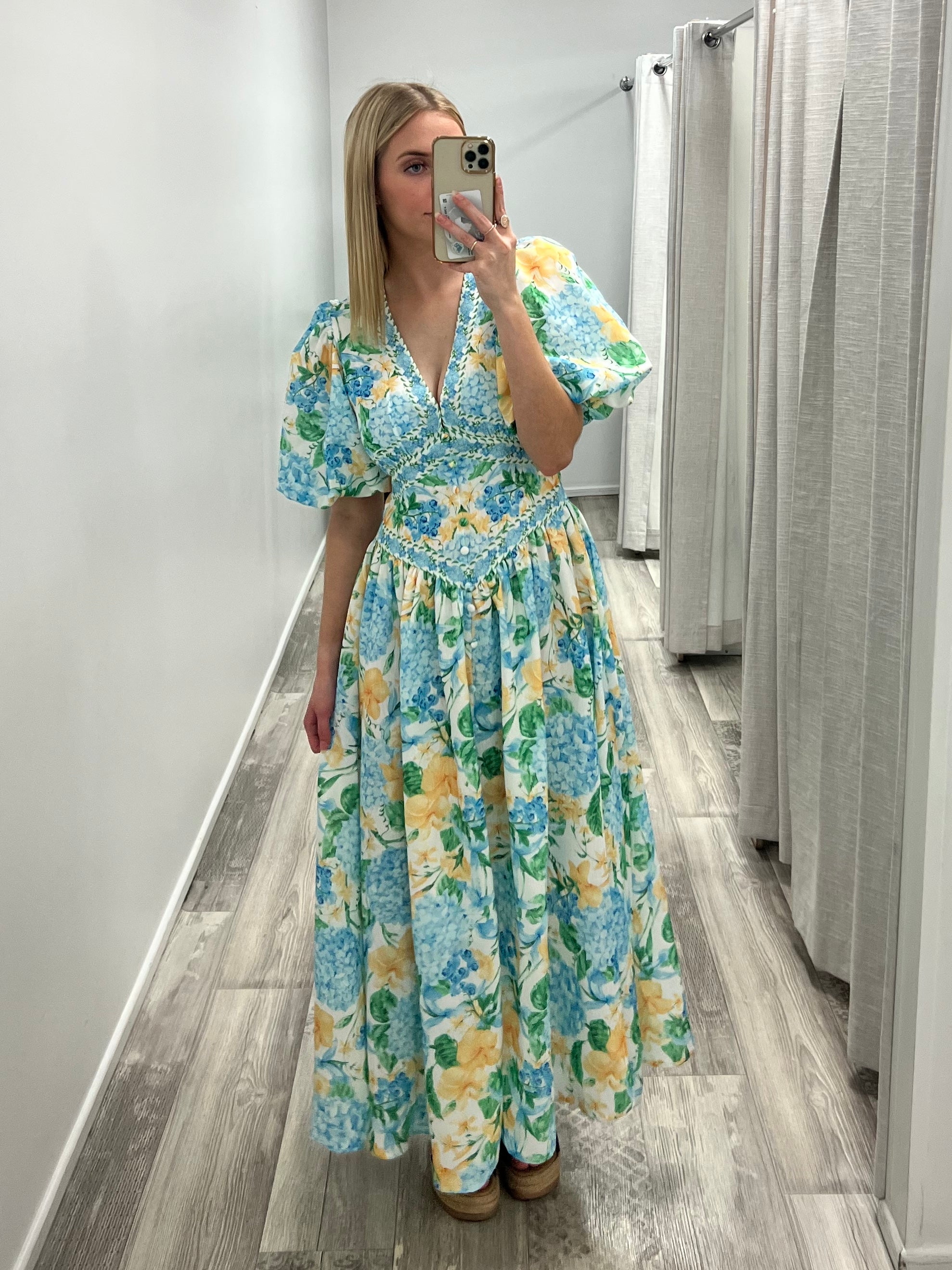 Lorraine Blooming Garden Maxi Dress - Blue/Lemon Floral