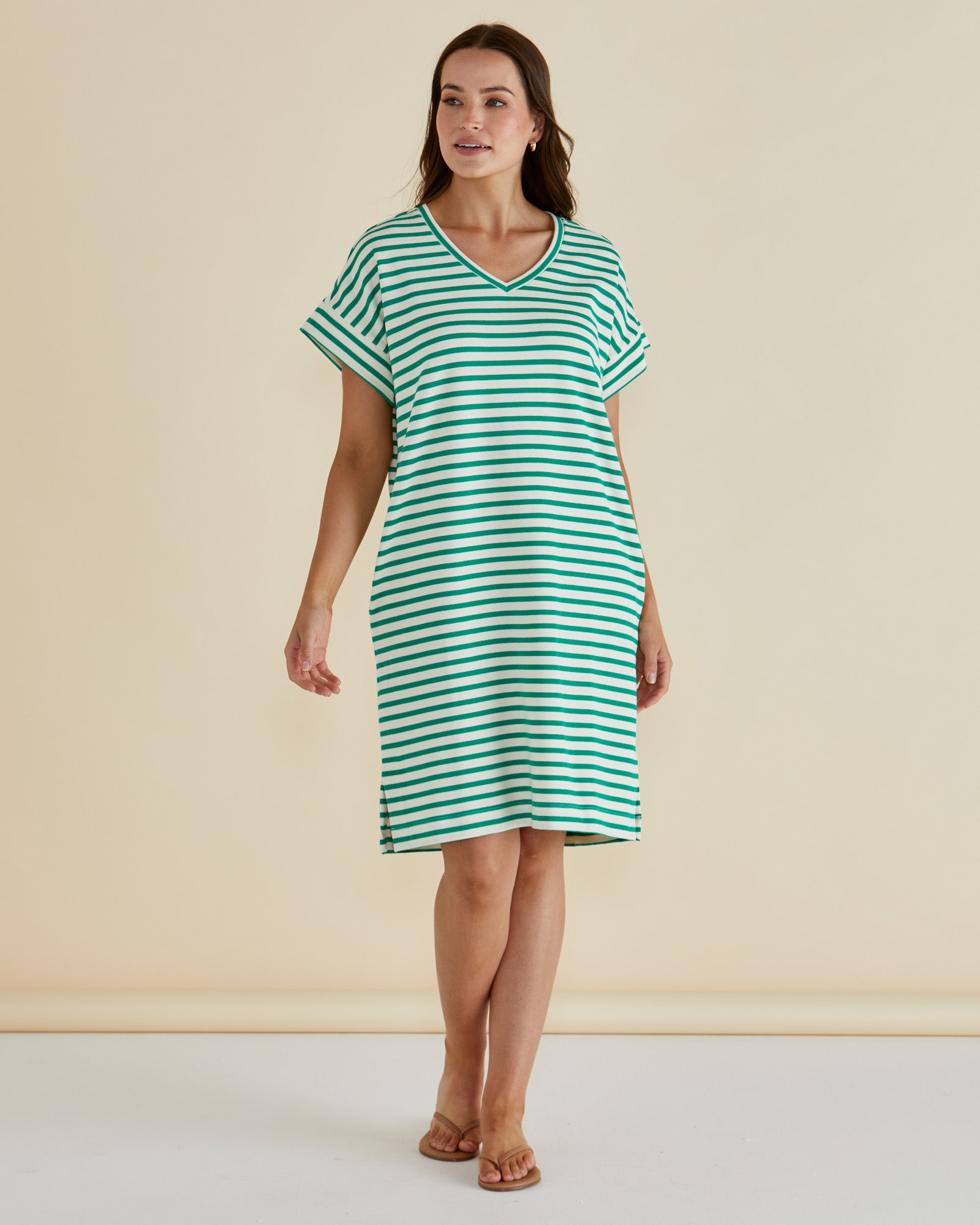Betty Basics Elise V-Neck Rib Dress - Green Stripe