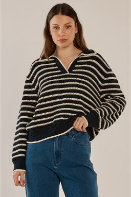 Betty Basics Aberdeen Polo Knit Sweat - Navy Stripe
