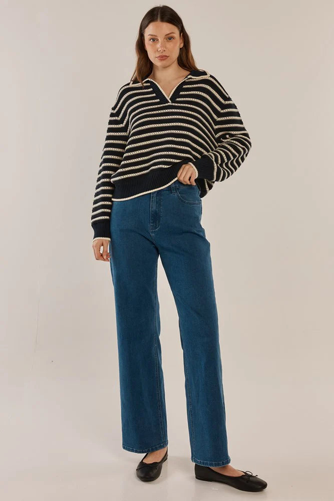 Betty Basics Aberdeen Polo Knit Sweat - Navy Stripe