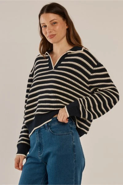 Betty Basics Aberdeen Polo Knit Sweat - Navy Stripe