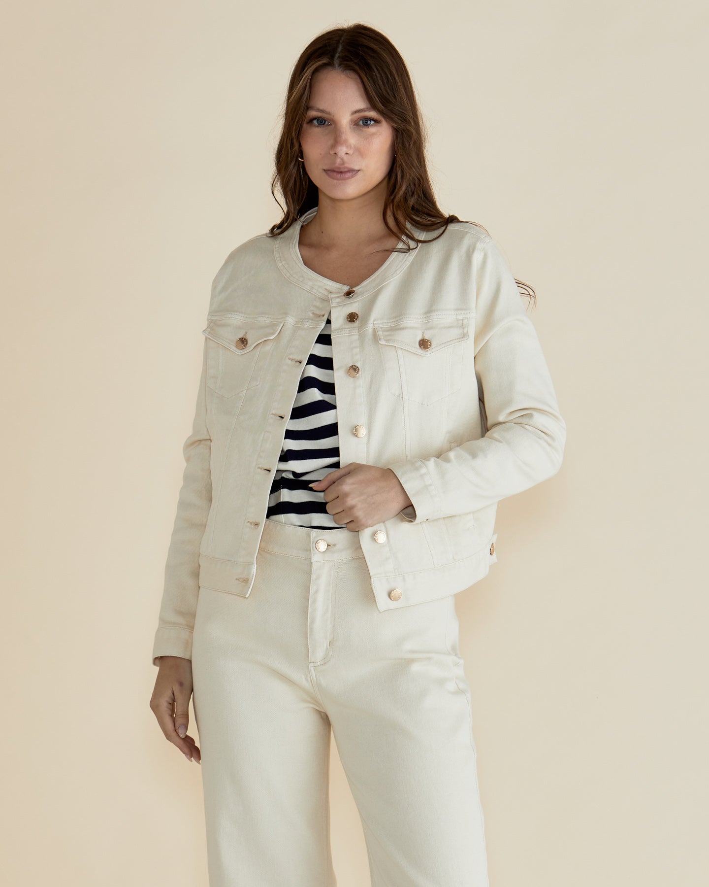 Betty Basics Cindy Collarless Denim Jacket - Off White