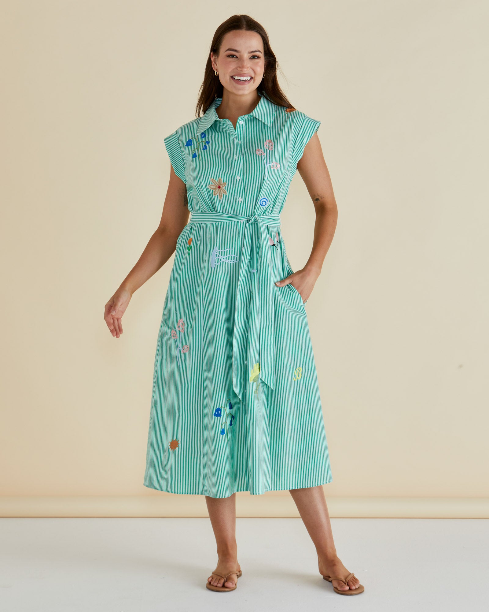Betty Basics Gloria Floral Dress - Floral Green Stripe