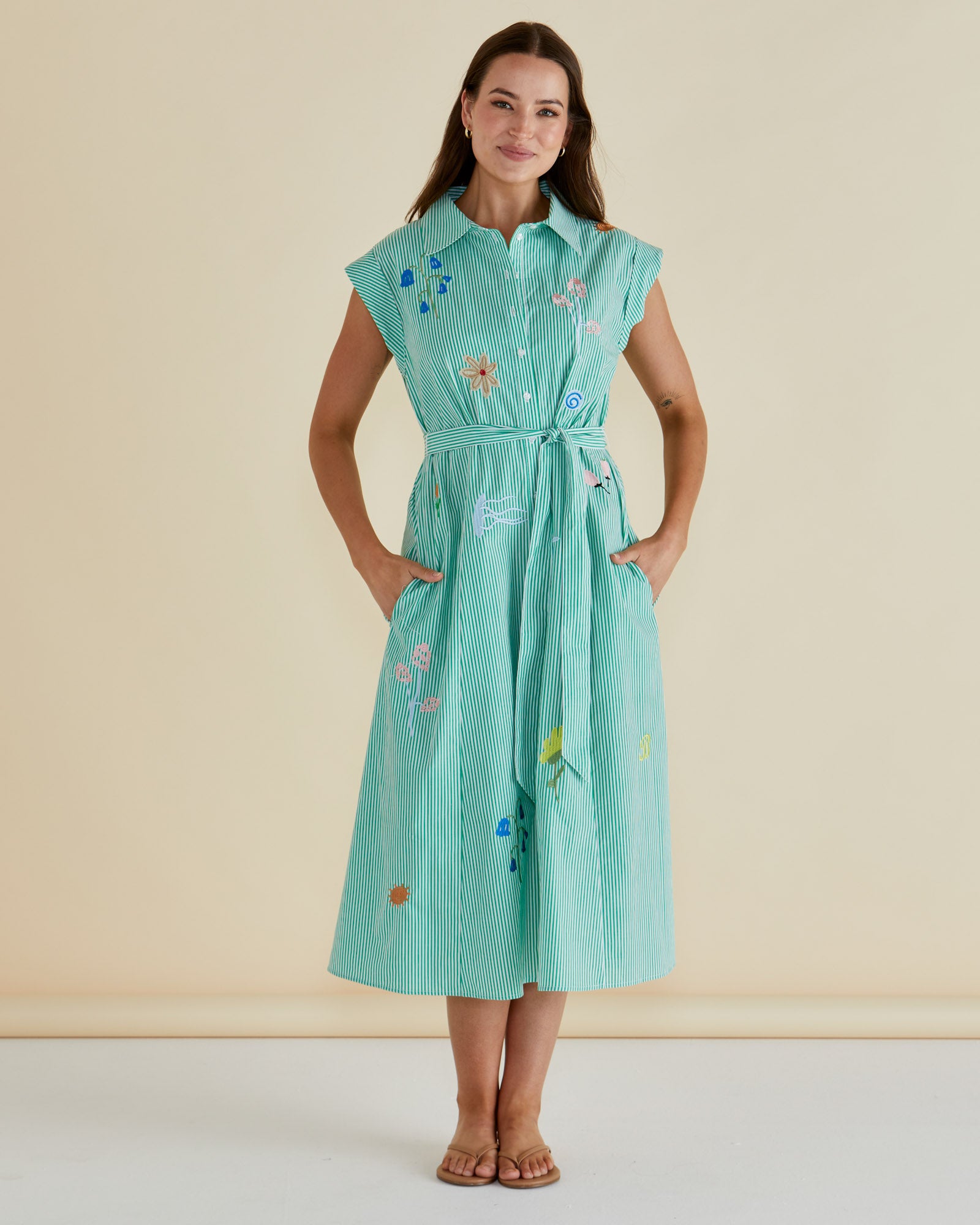 Betty Basics Gloria Floral Dress - Floral Green Stripe