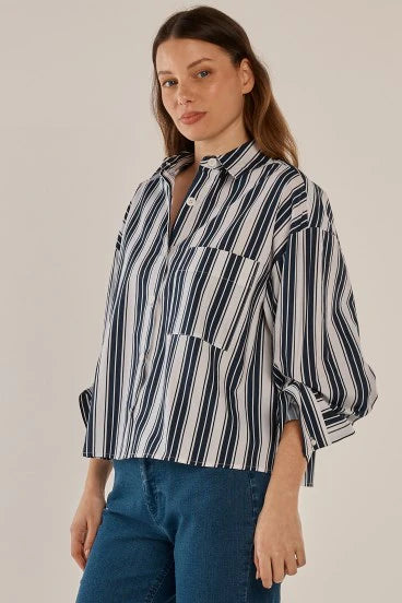 Betty Basics Erin Crop Shirt - Navy/White Stripe