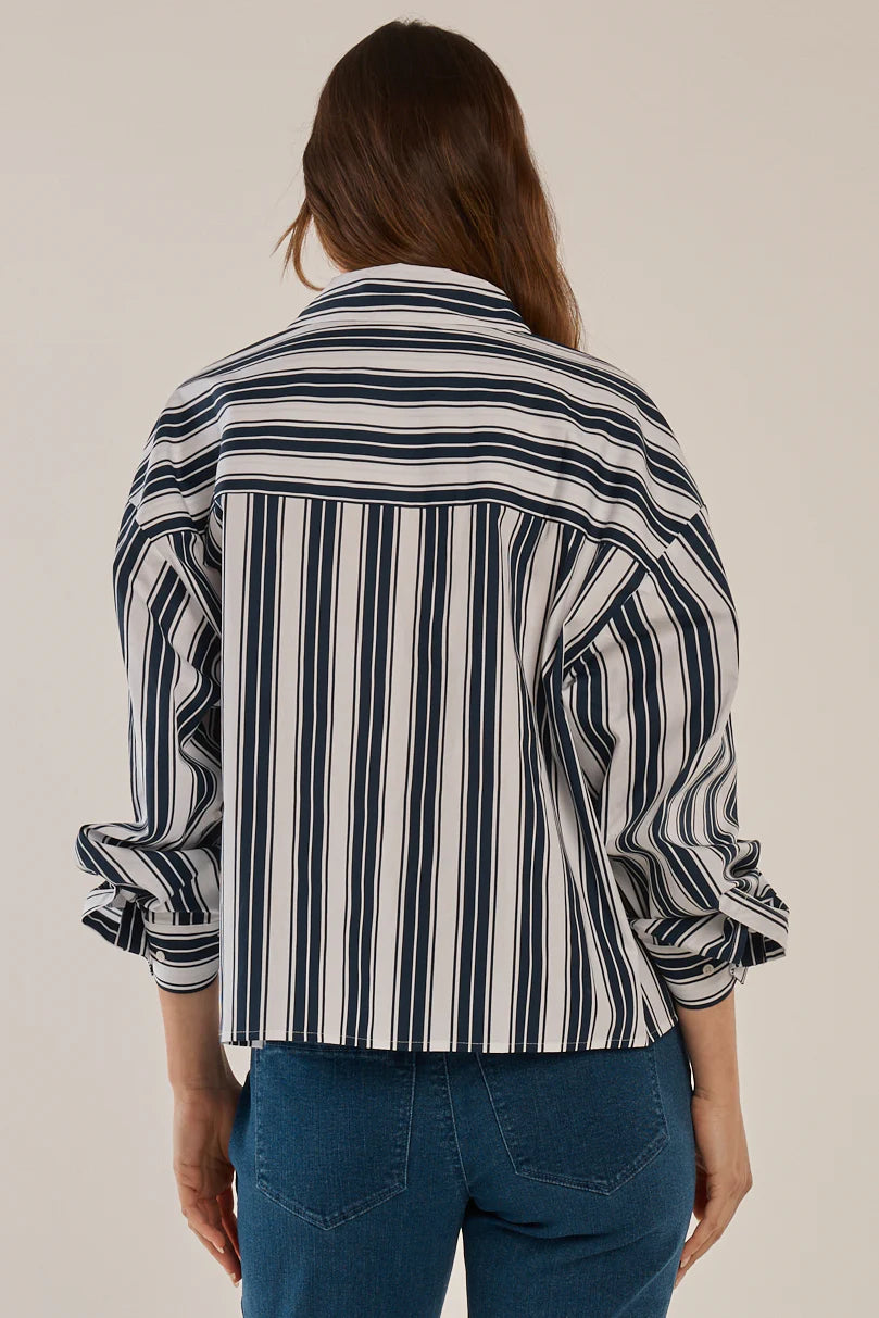 Betty Basics Erin Crop Shirt - Navy/White Stripe