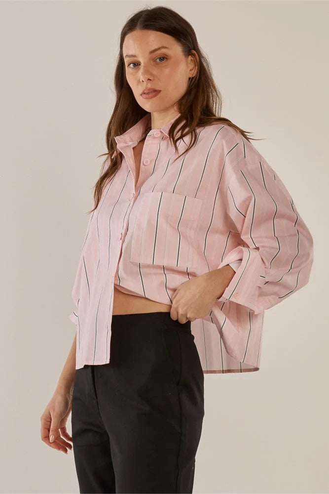 Betty Basics Erin Crop Shirt - Pink/Chocolate Stripe