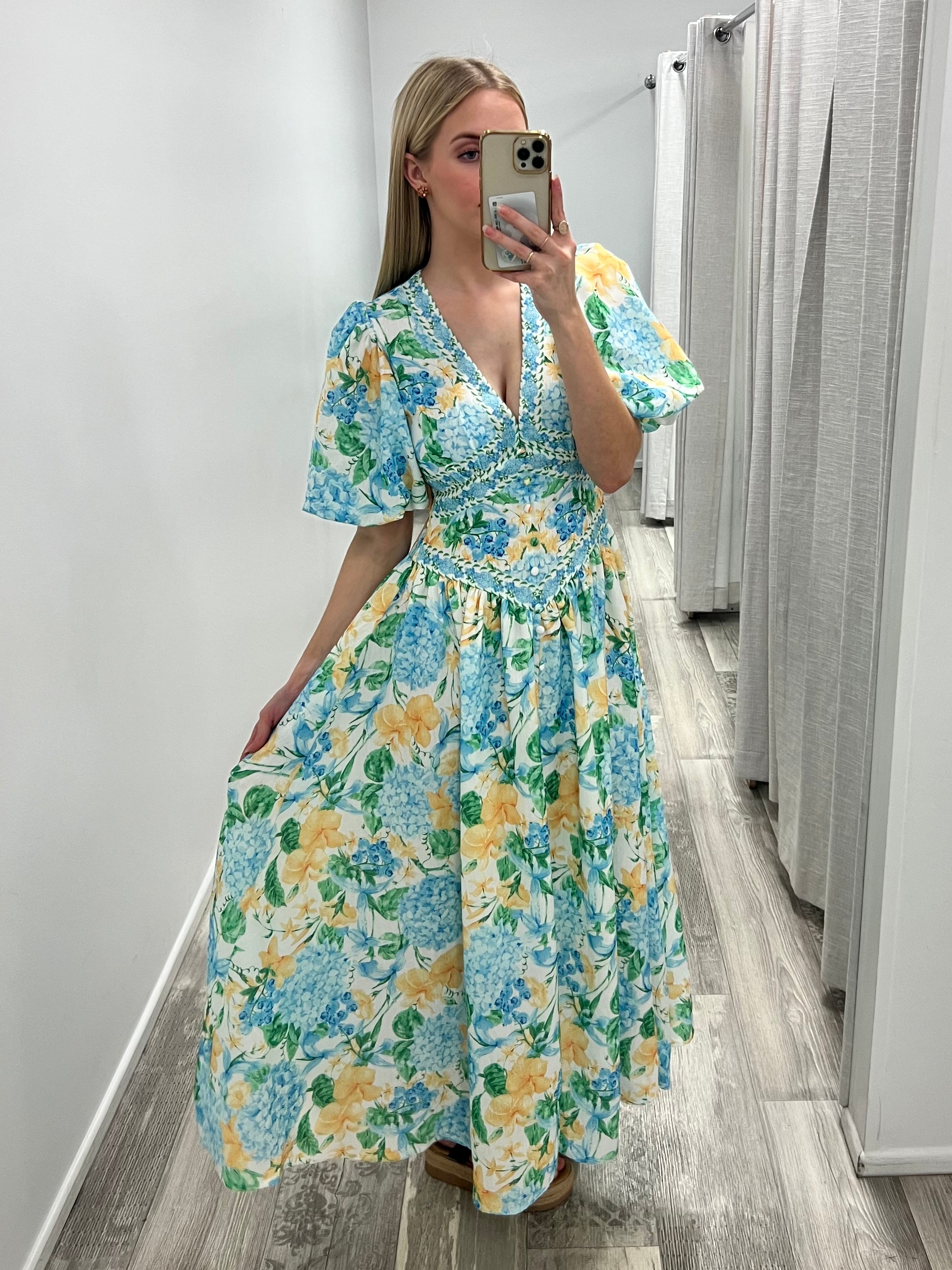 Lorraine Blooming Garden Maxi Dress - Blue/Lemon Floral