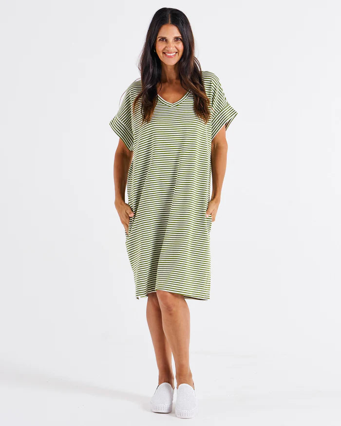 Betty Basics Elsie T-Shirt Dress - Avocado Stripe