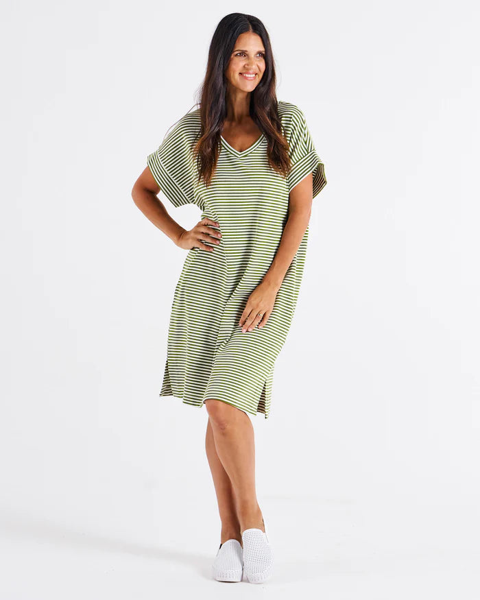 Betty Basics Elsie T-Shirt Dress - Avocado Stripe