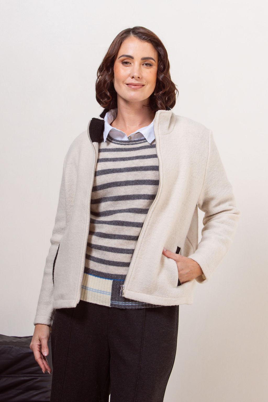 See Saw Colour Trim Zip Jacket - Cream/Black