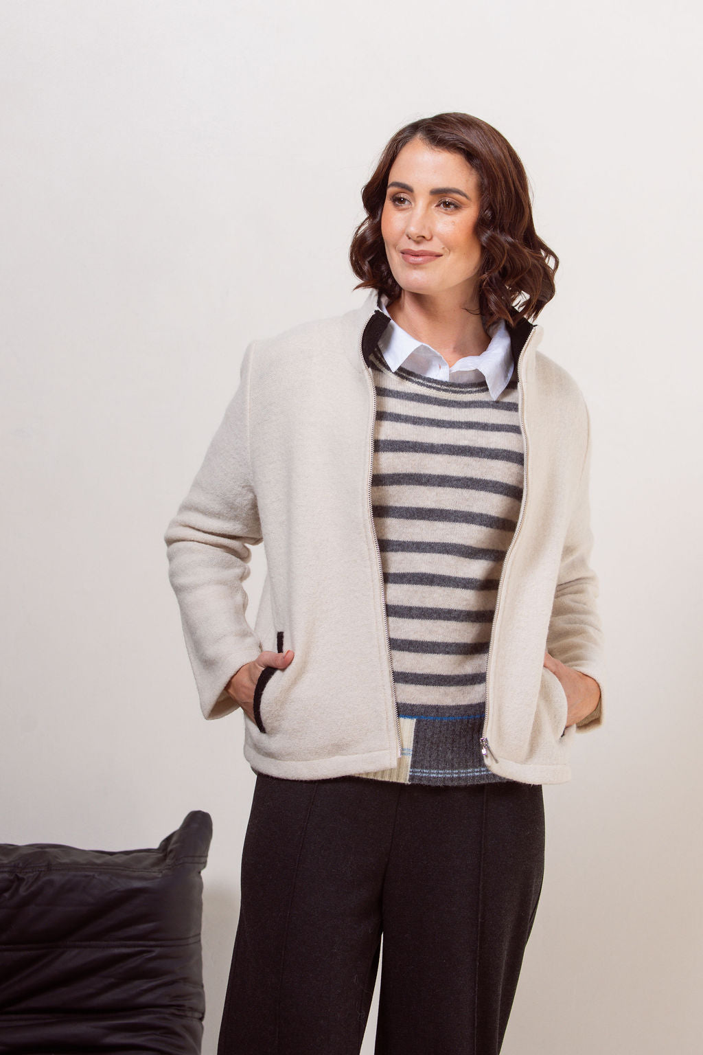 See Saw Colour Trim Zip Jacket - Cream/Black