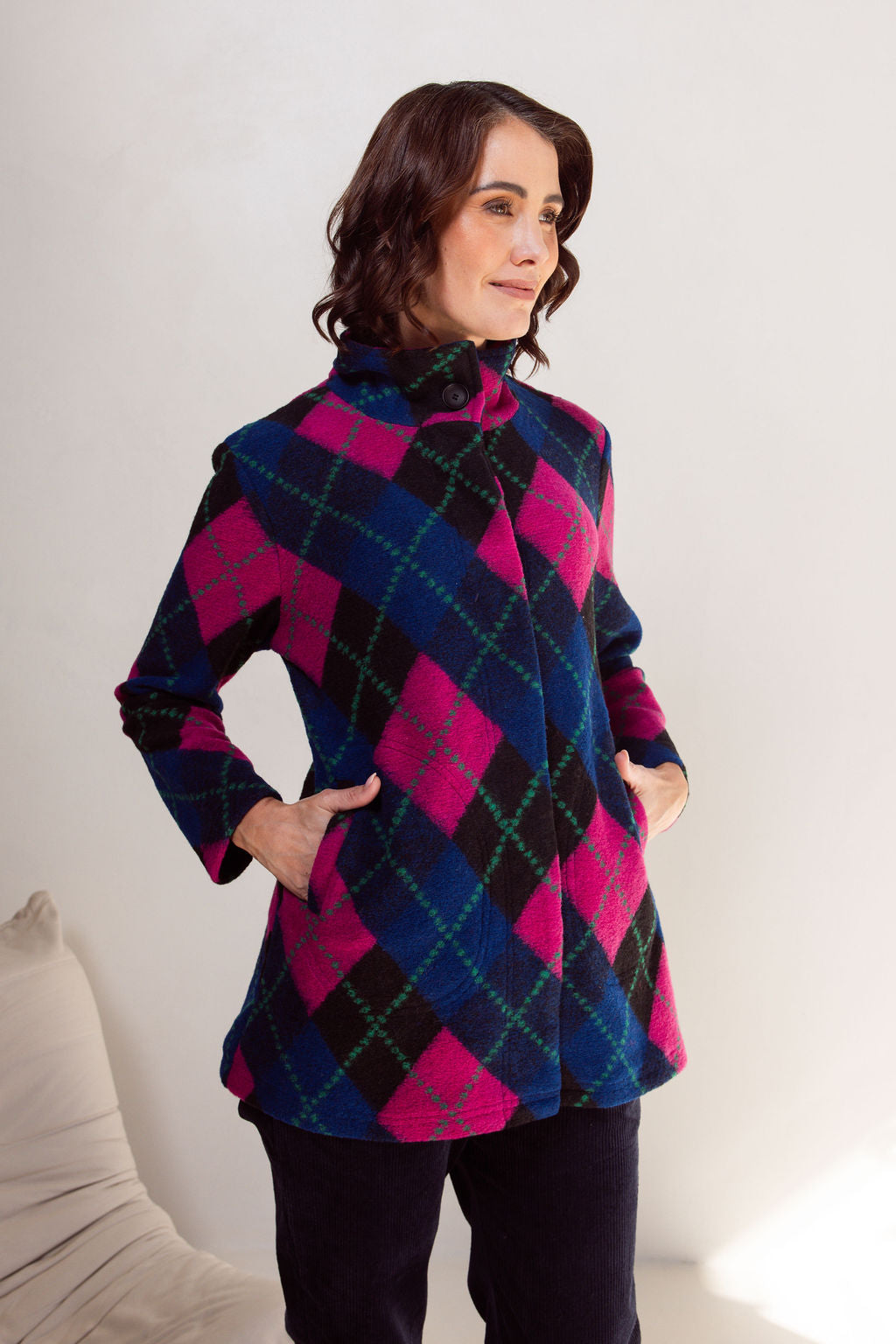 See Saw Plaid Funnel Neck Coat - Black/Pink/Green/Navy