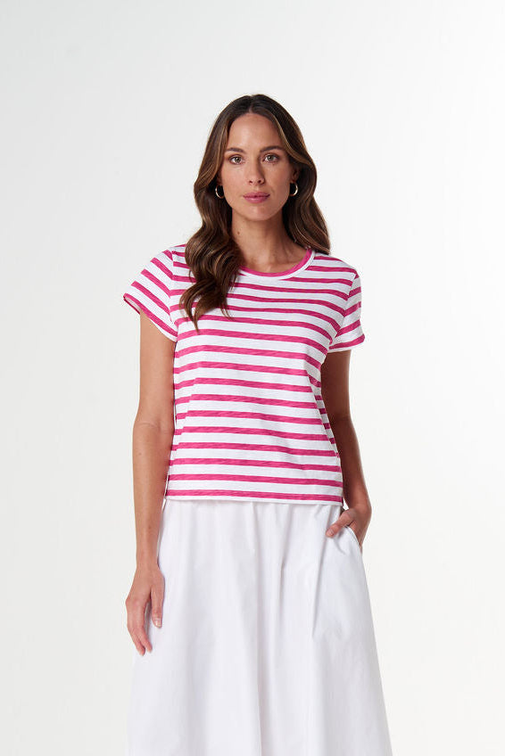 Cloth+Paper+Scissors The Straight Cut Striped Tee - White/Carmine Rose