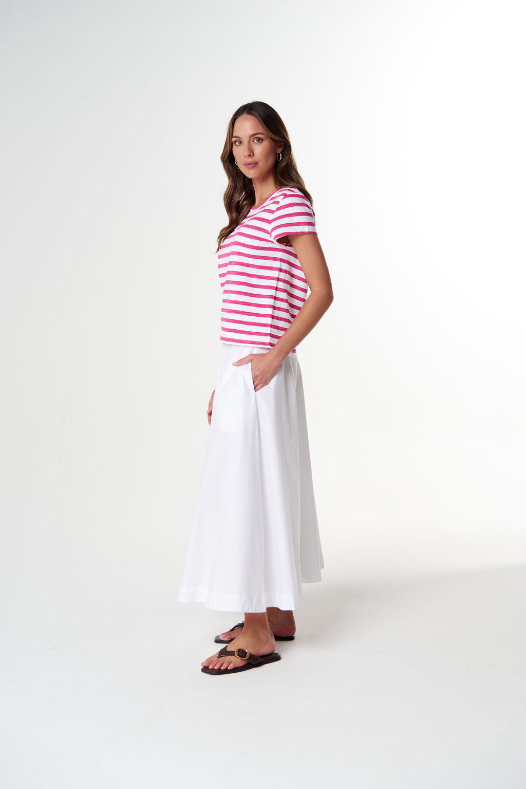 Cloth+Paper+Scissors The Straight Cut Striped Tee - White/Carmine Rose