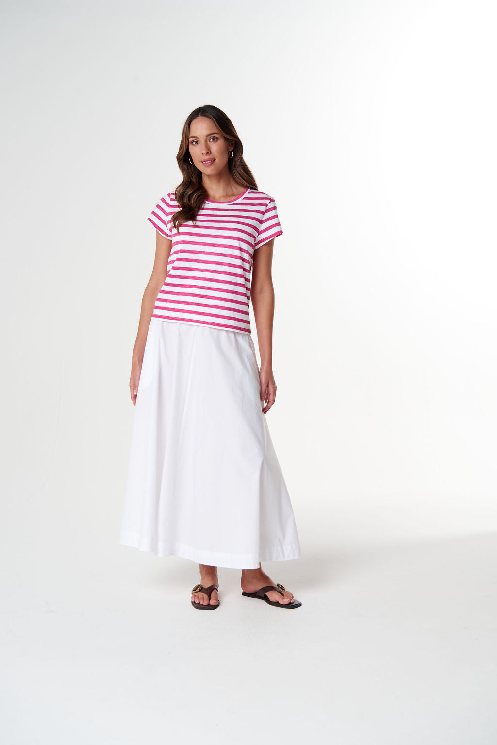Cloth+Paper+Scissors The Straight Cut Striped Tee - White/Carmine Rose