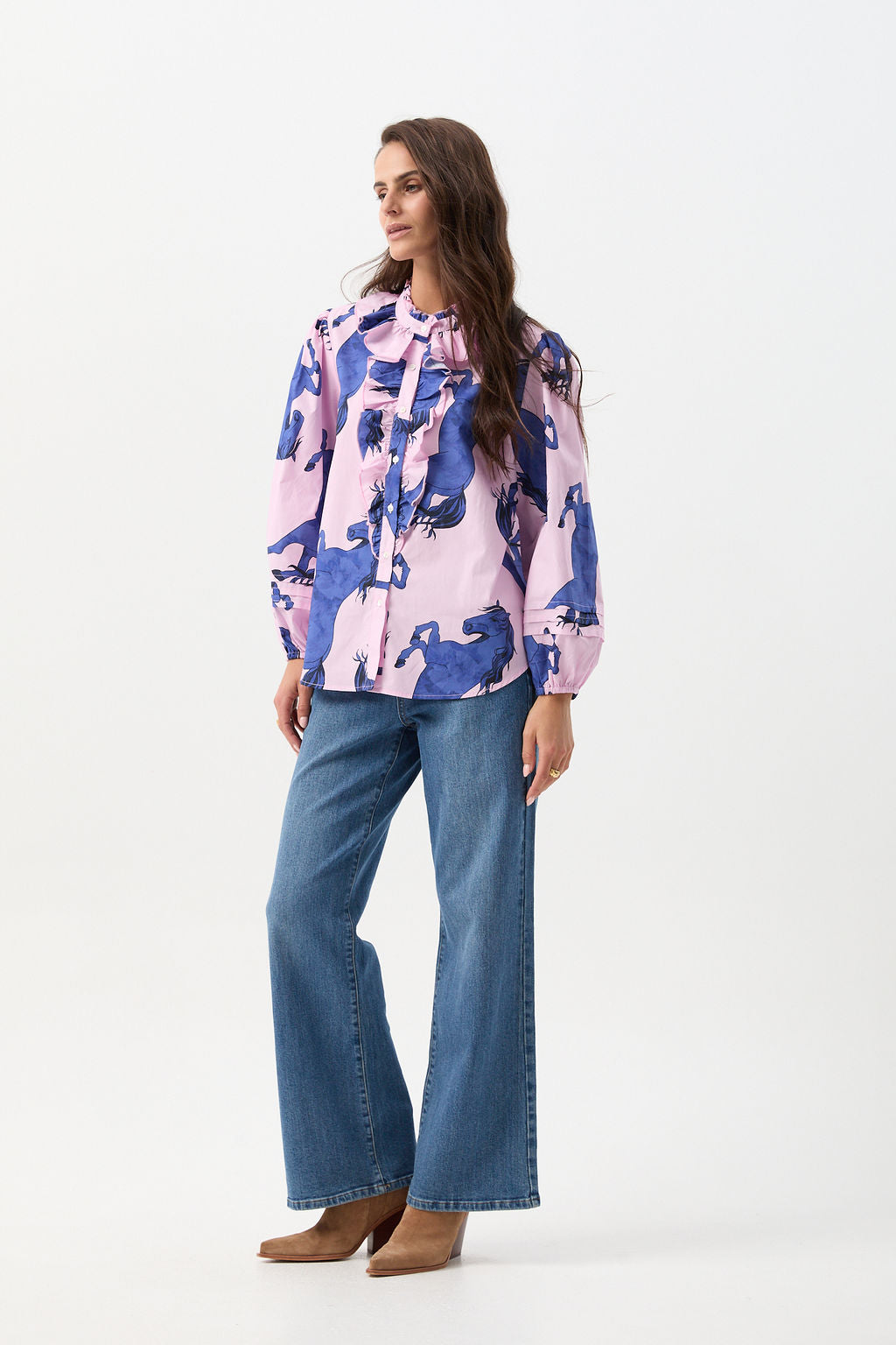 Cloth+Paper+Scissors Front Ruffle Blouse - Stallion Print